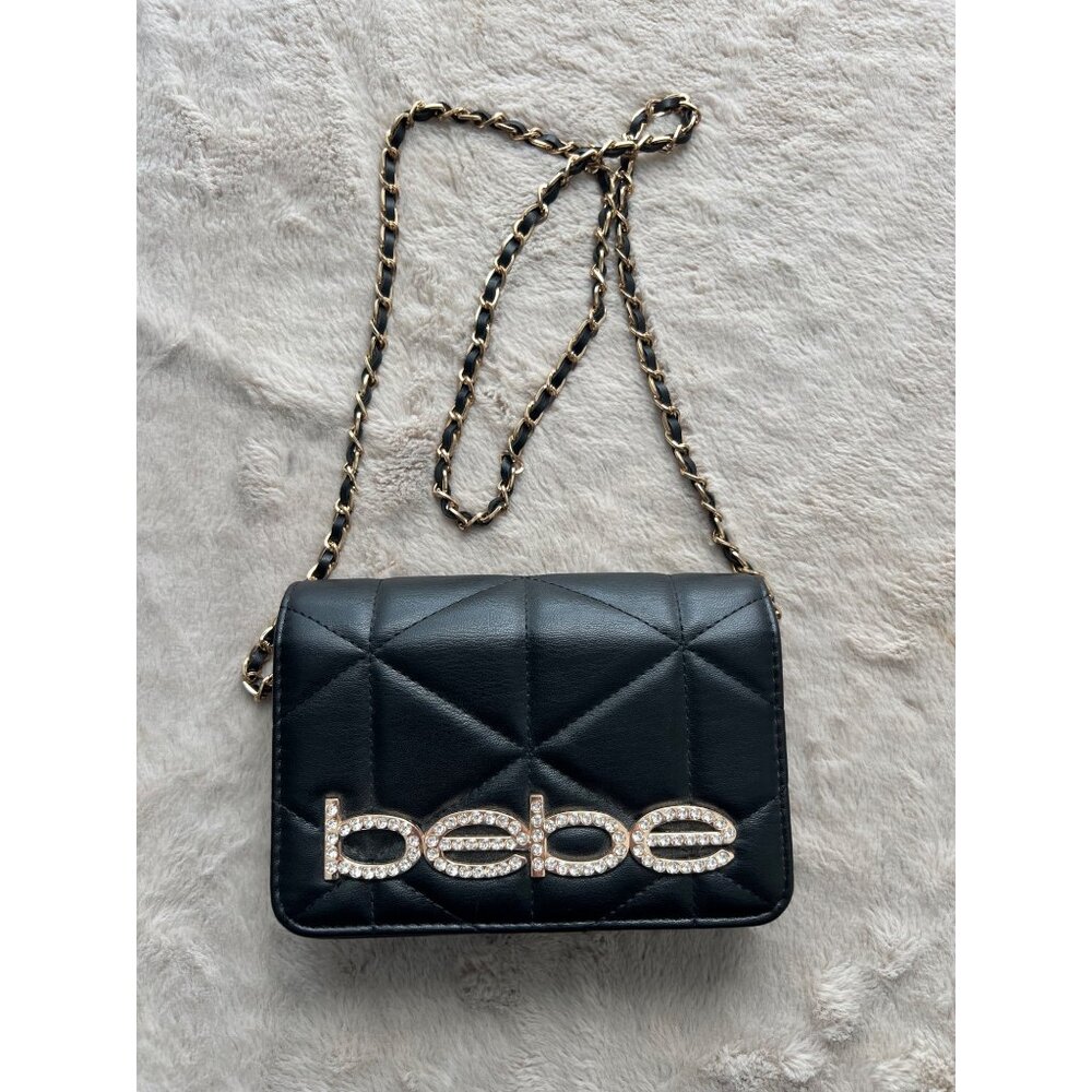 Bebe Quilted Black Leather Crossbody Purse With Gold Chain Strap & Rhinestone Lo